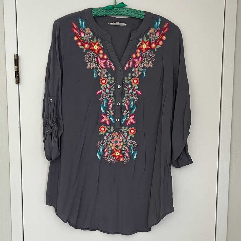 Solitaire Charcoal Blouse with Colorful Embroidery